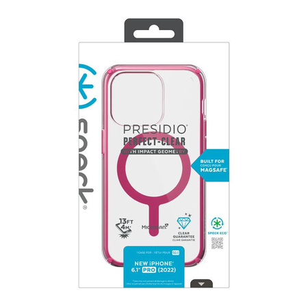 Speck Presidio Perfect-Clear avec Impact Geometry + MagSafe - Coque pour iPhone 14 Pro avec revêtement MICROBAN (transparent / rose digital)