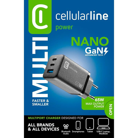 Cellularline Multipower Micro GaN - Teljesítménytöltő 2x USB-C és USB-A Power Delivery 65W (fekete)