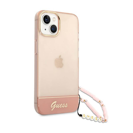 Průsvitný perlový řemínek Guess - pouzdro pro iPhone 14 Plus (růžové)