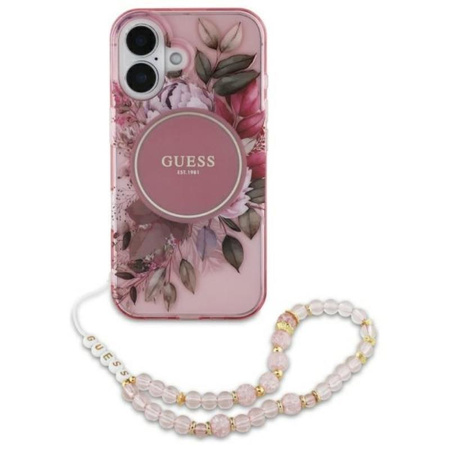 Guess IML Flowers With Pearl Strap MagSafe - Hülle iPhone 16 (Rosa)