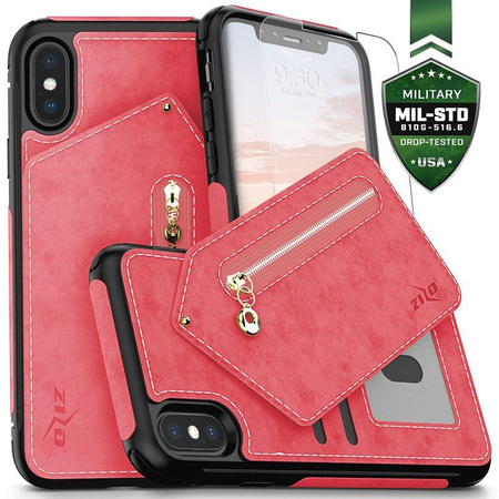 Zizo Nebula Wallet Case - Étui en cuir pour iPhone X avec poches pour cartes + pochette zippée + verre 9H pour l'écran (rose/noir)