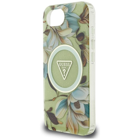 Guess IML Metall Glitter Blumen Dreieck MagSafe - Tasche für iPhone 16e (grün)