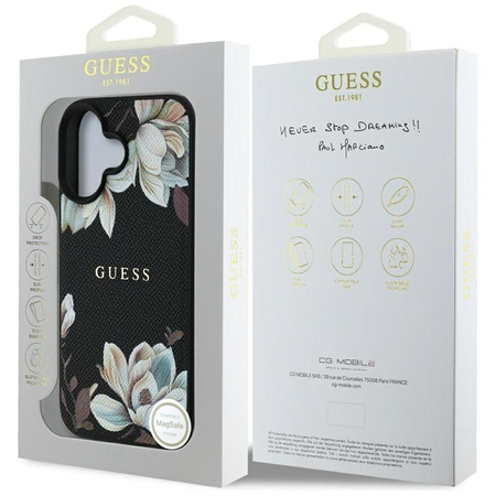 Guess MagSafe - Tasche mit genarbtem Blumenmuster für iPhone 16 (schwarz)