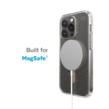 Speck Presidio Perfect-Clear avec paillettes + MagSafe - Coque pour iPhone 14 Pro avec revêtement MICROBAN (transparent / paillettes d'or)