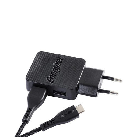 Energizer HardCase - Kompakt hálózati töltő 2x USB-A + USB-C és Micro USB kábel (fekete) élettartam garancia