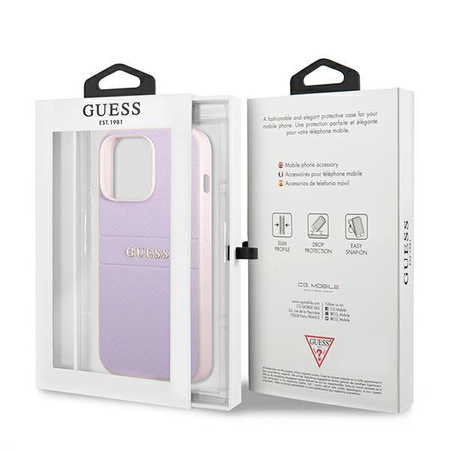 Pouzdro Guess Saffiano Hot Stamp & Metal Logo - iPhone 13 Pro (lila)