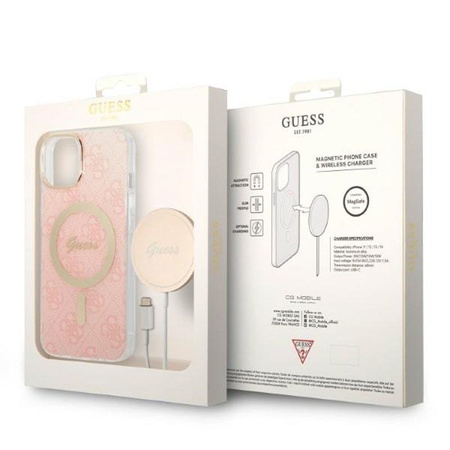 Guess Bundle Pack MagSafe 4G - MagSafe iPhone 14 Plus case + charger set (pink/gold)