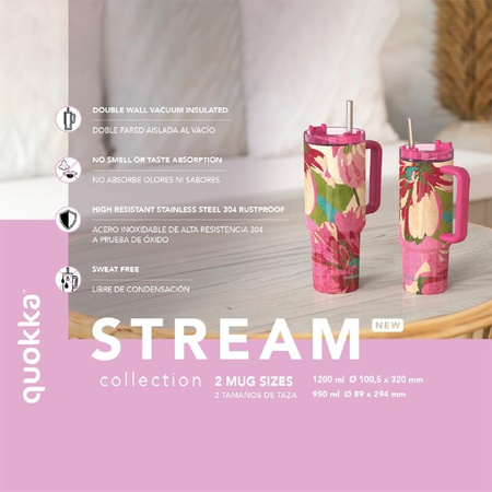 Quokka Stream - Mug thermique 1200 ml en acier inoxydable avec paille (Flower Dusk)