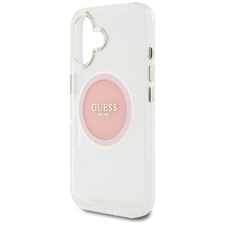 Guess IML Metallfarbener Kreis Klassisches Logo MagSafe - Hülle für iPhone 16 (rosa)