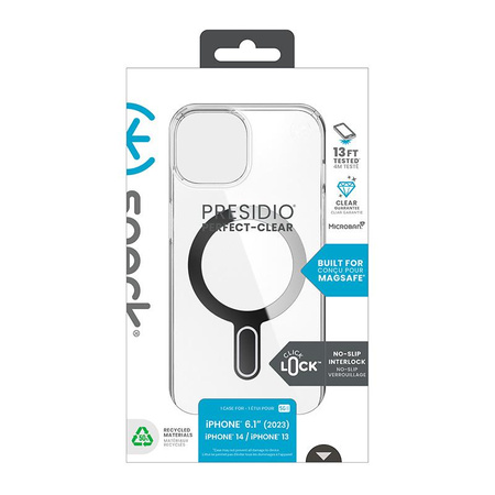 Speck Presidio Perfect-Clear ClickLock & MagSafe - pouzdro pro iPhone 16e / iPhone 15 / iPhone 14 / iPhone 13 (čiré / chromované provedení / stříbrná barva)