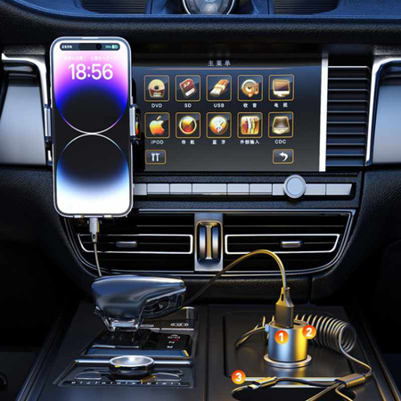 WEKOME WP-C44 Pop Digital Series - Car charger with built-in 3-in-1 USB-C / Lightning / Micro USB + 2x USB-A 33W cable (Black)