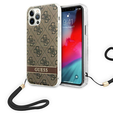 Guess 4G Print Cord - Etui ze smyczką iPhone 12 Pro / iPhone 12 (Brown)