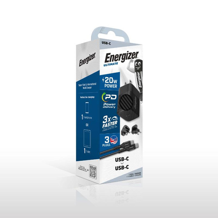 Energizer Ultimate - Multiplug EU / UK / US GaN USB-C 20W PD travel charger + USB-C cable (Black)