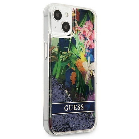 Guess Liquid Glitter Flower - étui pour iPhone 13 mini (bleu)