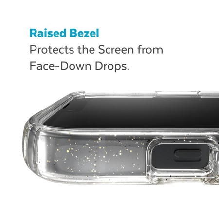Speck Presidio Perfect-Clear with Glitter + MagSafe - Case for iPhone 15 Plus / 14 Plus with MICROBAN coating (Clear / Gold Glitter)