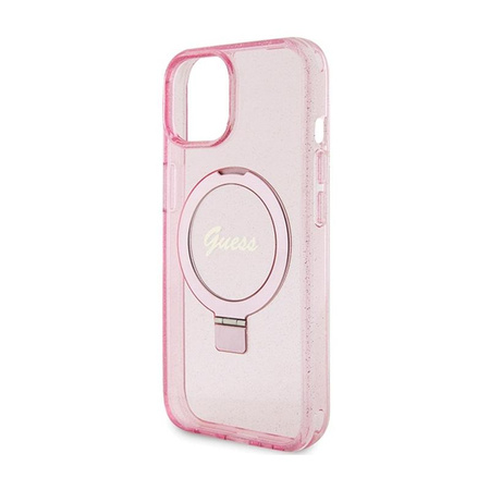 Guess Ring Stand Script Glitter MagSafe - iPhone 15 Plus Case (pink)