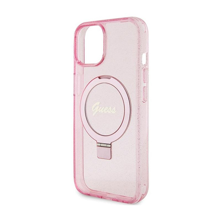 Guess Ring Stand Script Glitter MagSafe - iPhone 15 Plus tok (rózsaszín)