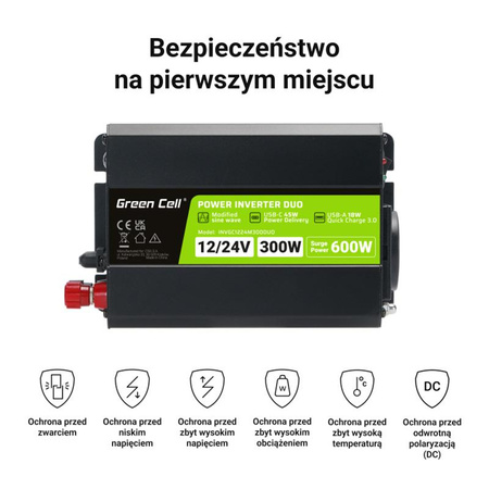 Green Cell - Měnič DUO 12V/24V na 230V 300W/600W Modifikovaný sinusový měnič napětí