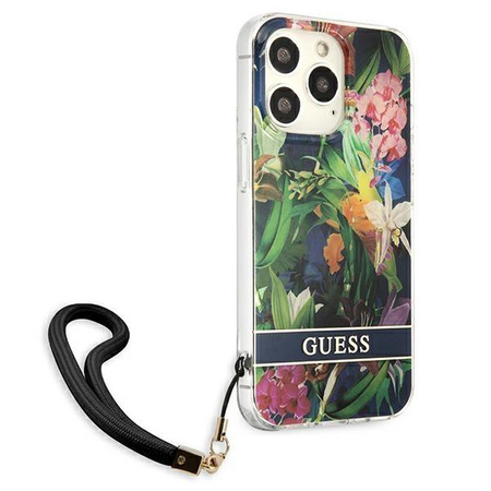 Guess Flower Cord - Tasche mit Schlüsselband iPhone 13 Pro (Blau)