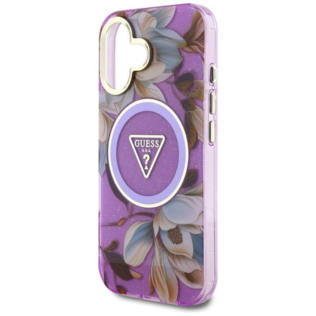Guess Glitter Flowers Triangle Buttons MagSafe - Hülle für iPhone 16 (violett)