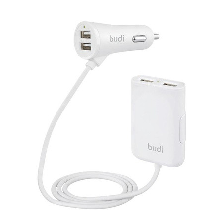 Budi - Chargeur de voiture 4x USB, 41W + répartiteur sur câble de 1,8m (Blanc)