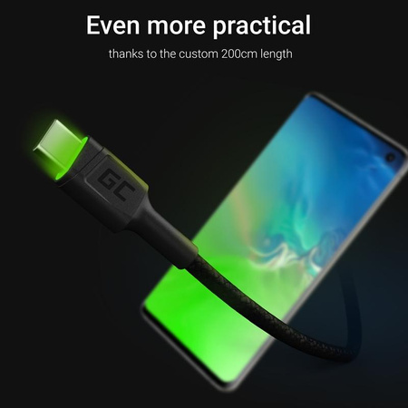 Green Cell Ray - Câble USB - USB-C 200cm avec rétroéclairage LED vert, charge rapide Ultra Charge, QC 3.0