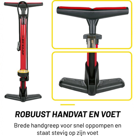 Dunlop - Floor pump for bikes, balls, mattresses with pressure gauge (Red)