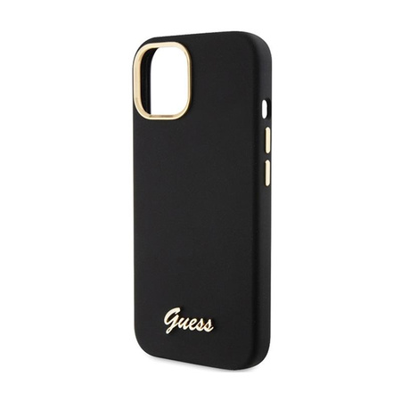 Guess Silikon Script Metall Logo & Rahmen - iPhone 15 Hülle (schwarz)