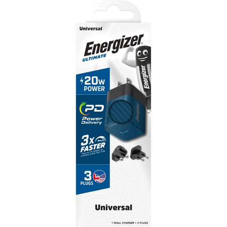Energizer Ultimate - Multiplug EU / UK / US GaN USB-C 20W PD travel charger (Blue)