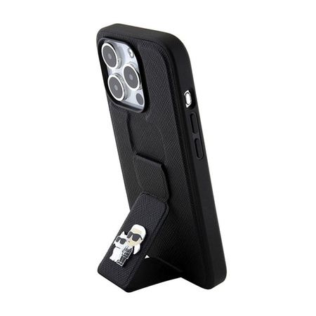 Karl Lagerfeld Gripstand Saffiano Karl & Choupette Pins - pouzdro na iPhone 15 Pro (černé)