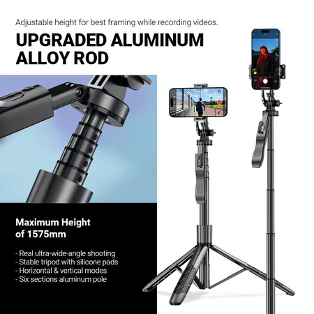 Crong SelfieGo Ultra – Aluminiowy selfie stick Bluetooth tripod (czarny)