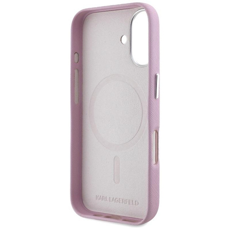 Karl Lagerfeld Saffiano Full Wrapped Elongated Metal Logo MagSafe - Hülle für iPhone 16 (rosa)