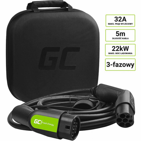 Green Cell - GC EV Type 2 22kW 5m cable for charging Tesla Model 3 / S / X, Leaf, ZOE, i3, ID.3, I-Pace, E-Tron, Taycan