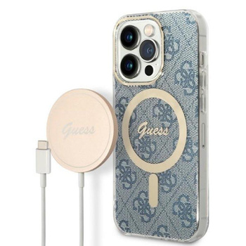 Guess Bundle Pack MagSafe 4G - pouzdro MagSafe pro iPhone 14 Pro Max + sada nabíječky (modrá/zlatá)