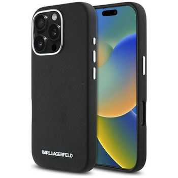 Karl Lagerfeld Saffiano Full Wrapped Elongated Metal Logo MagSafe - étui pour iPhone 16 Pro Max (noir)