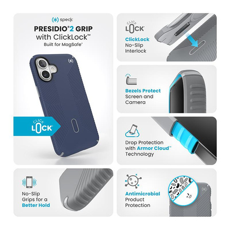 Speck Presidio2 Grip ClickLock & MagSafe - Coque pour iPhone 16 Plus (Bleu côtier / Gris poussière / Blanc)