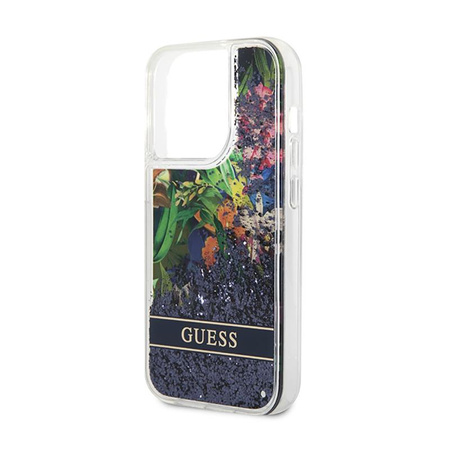 Guess Liquid Glitter Flower - pouzdro pro iPhone 14 Pro (modré)