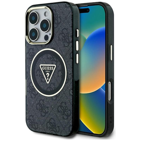 Guess IML Metal Glitter 4G Circle Triangle MagSafe - pouzdro pro iPhone 16 Pro (černé)