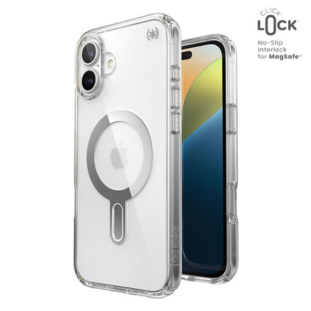 Speck Presidio Perfect-Clear ClickLock & MagSafe - iPhone 16 Plus Case (Clear / Chrome Finish / Serene Silver)