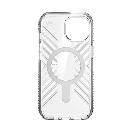 Speck Presidio Perfect-Clear Grip ClickLock & Magsafe - Coque pour iPhone 15 (Transparente / Finition chromée / Argent Serein)