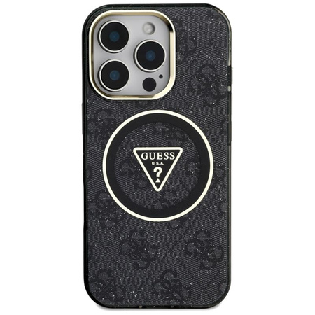 Guess IML Metal Glitter 4G Circle Triangle MagSafe - Pouzdro pro iPhone 16 Pro (černá)