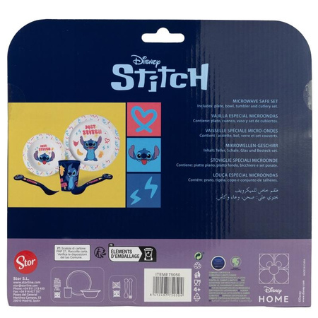 Disney Stitch - Sada nádobí do mikrovlnné trouby 5 ks. z kolekce Palms (talíř, miska, šálek, vidlička, lžíce)