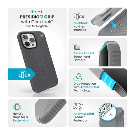 Speck Presidio2 Grip ClickLock & MagSafe - Etui iPhone 16 Pro Max (Charcoal Grey / Cool Bronze / White)