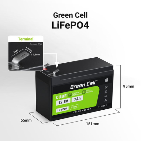 Green Cell - Batterie LiFePO4 12V 12.8V 7Ah pour systèmes photovoltaïques, camping-cars et bateaux