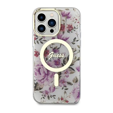 Guess Flower MagSafe - pouzdro pro iPhone 14 Pro (průhledné)