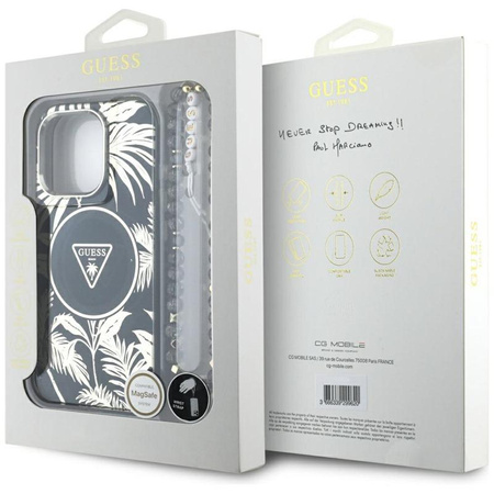Guess Palm Trees Triangle Pearl Strap MagSafe - étui pour iPhone 16 Pro Max (noir)