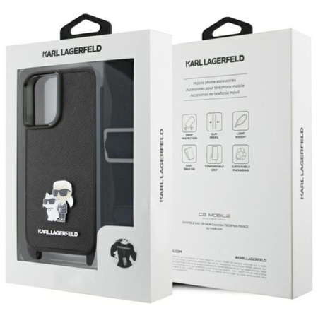 Karl Lagerfeld Saffiano Karl & Choupette Metall Pin CBDY Armband - iPhone 16 Tasche (schwarz)