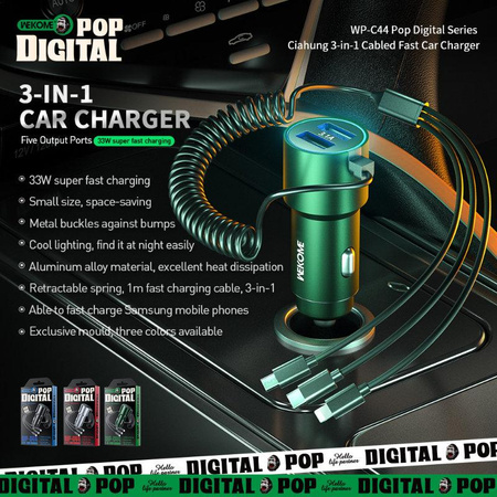 WEKOME WP-C44 Pop Digital Series - Autoladegerät mit integriertem 3-in-1 USB-C / Lightning / Micro USB + 2x USB-A 33W Kabel (Schwarz)