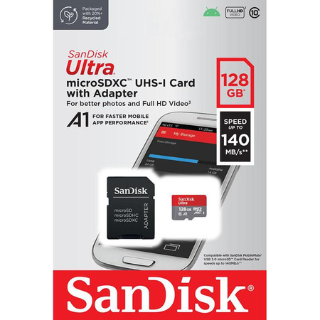 SanDisk Ultra microSDXC - Karta pamięci 128 GB A1 Class 10 UHS-I 140 MB/s z adapterem