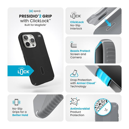 Speck Presidio2 Grip ClickLock & MagSafe - iPhone 16 Pro tok (fekete / pala szürke / fehér)